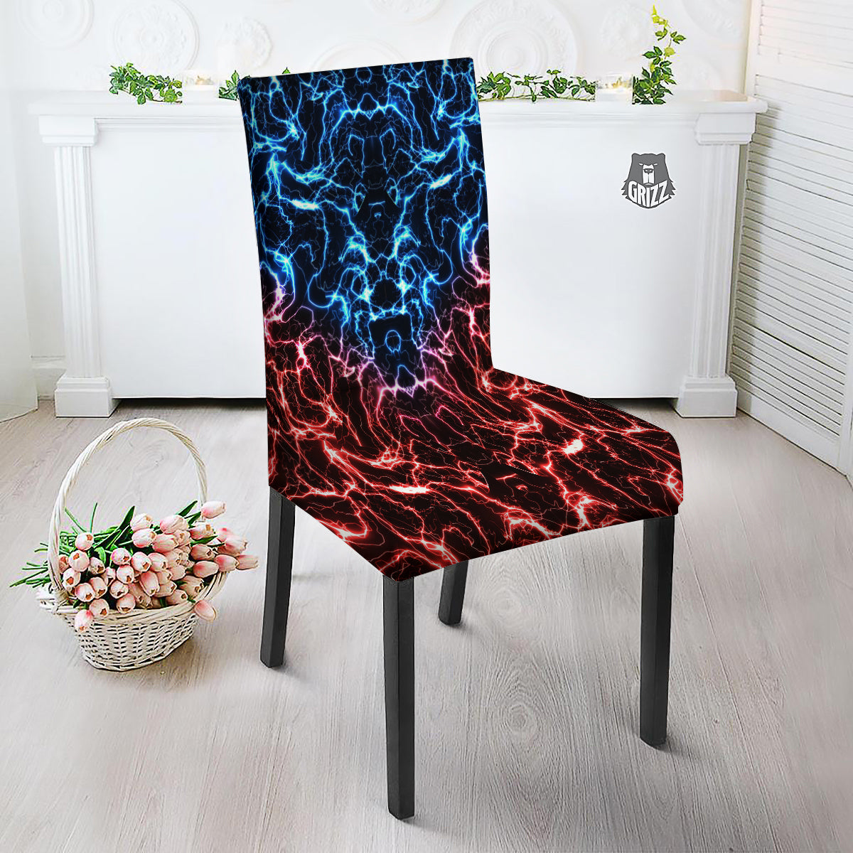 Red And Blue Electrical Print Dining Chair Slipcover-grizzshop