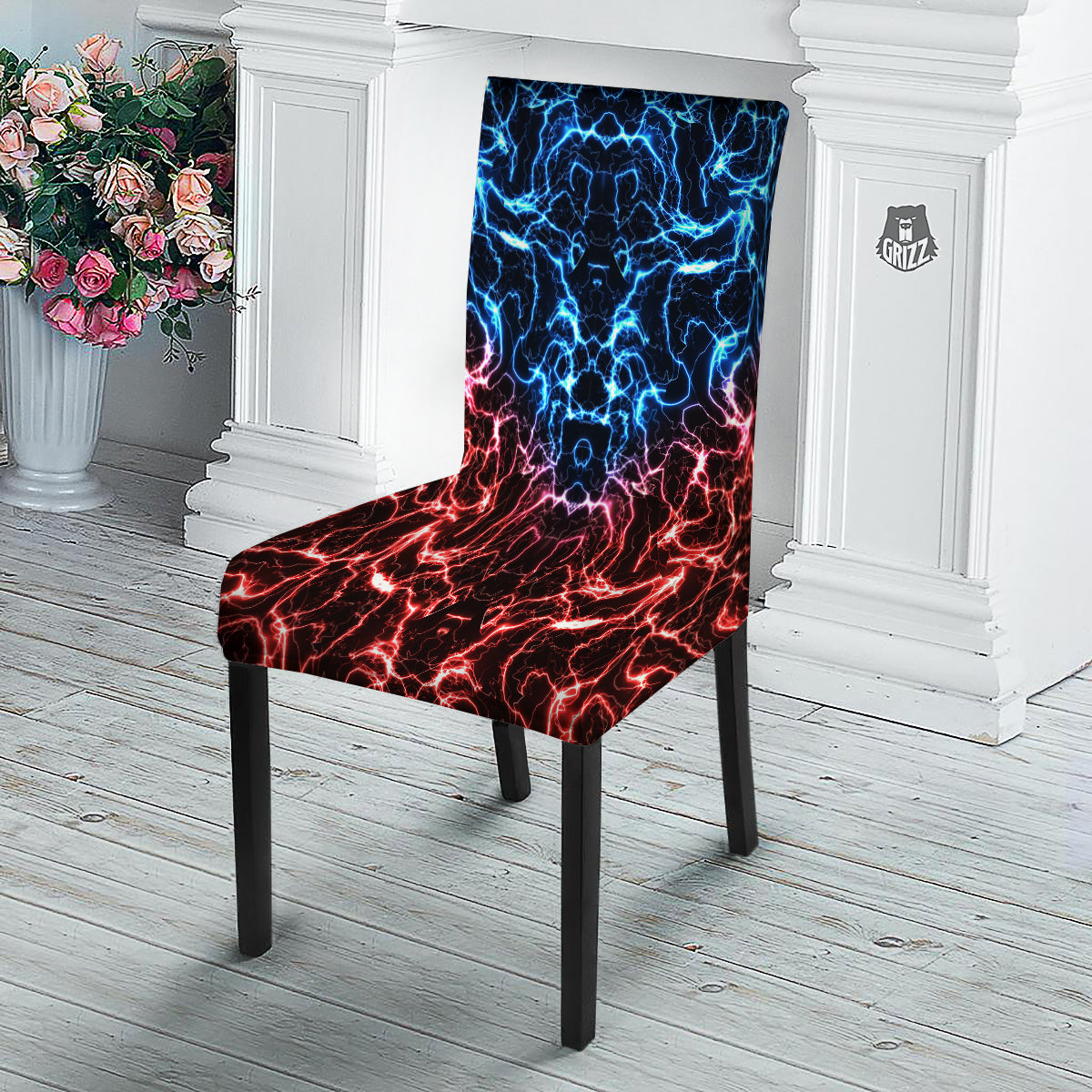 Red And Blue Electrical Print Dining Chair Slipcover-grizzshop