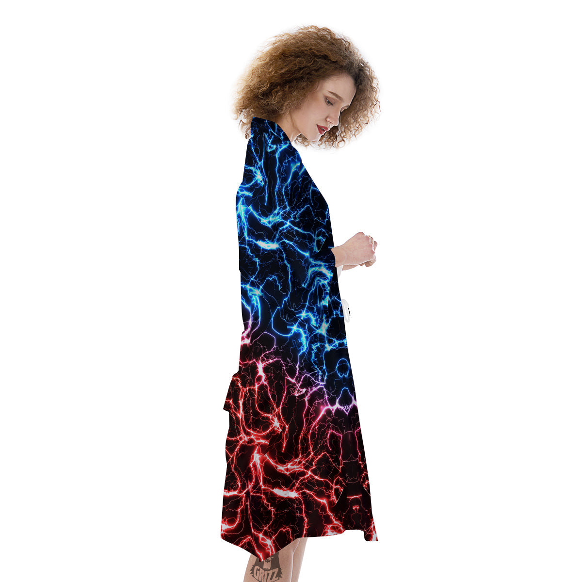 Red And Blue Electrical Print Kimono-grizzshop