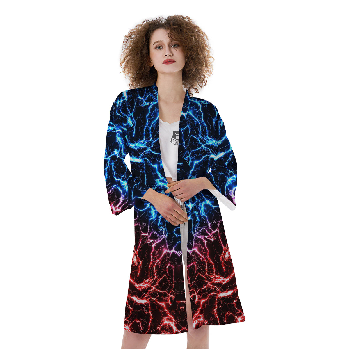 Red And Blue Electrical Print Kimono-grizzshop