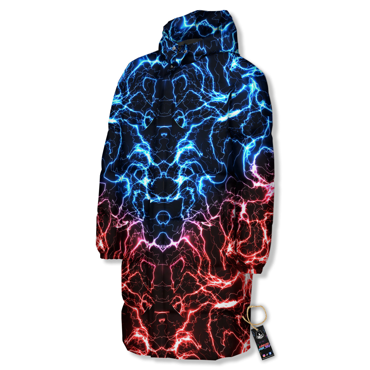 Red And Blue Electrical Print Long Down Jacket-grizzshop