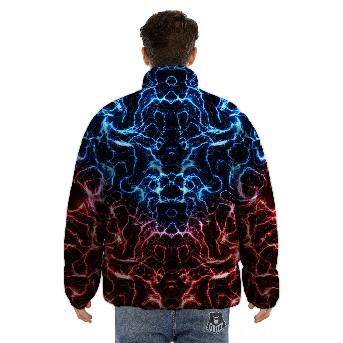 Red And Blue Electrical Print Puffer Jacket-grizzshop