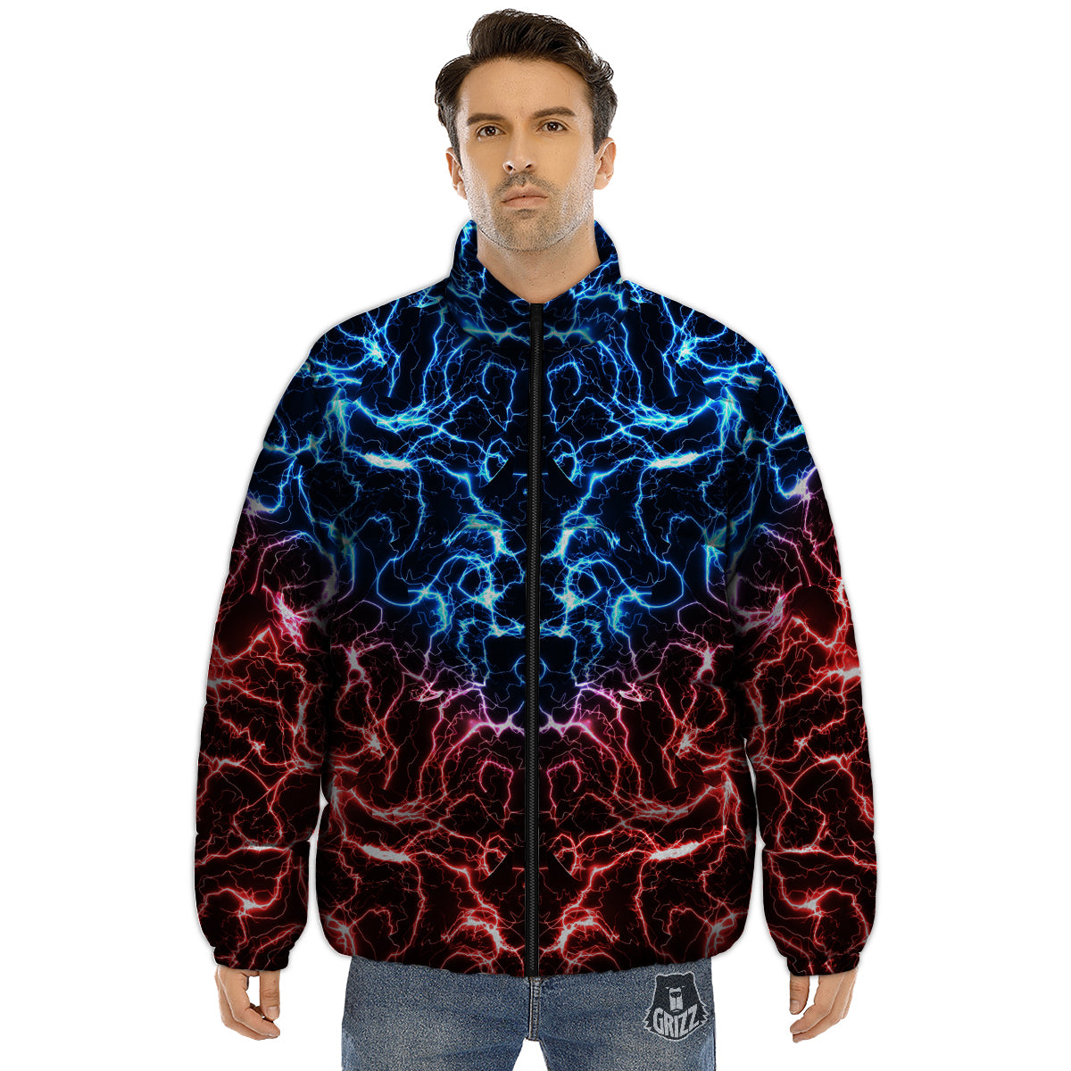 Red And Blue Electrical Print Puffer Jacket-grizzshop