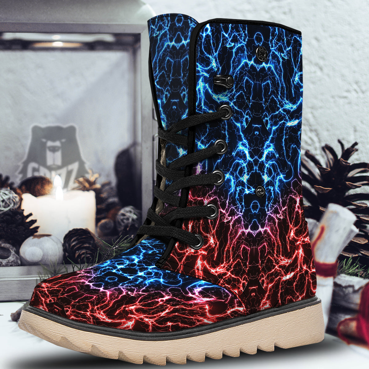 Red And Blue Electrical Print Snow Boots-grizzshop