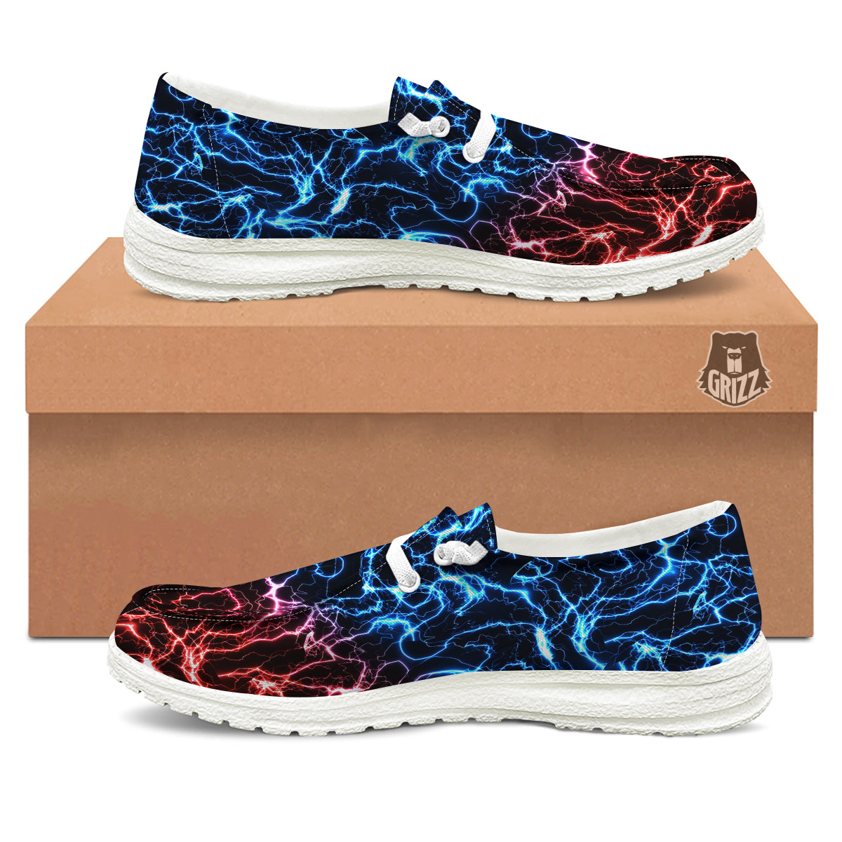 Red And Blue Electrical Print White Loafers-grizzshop