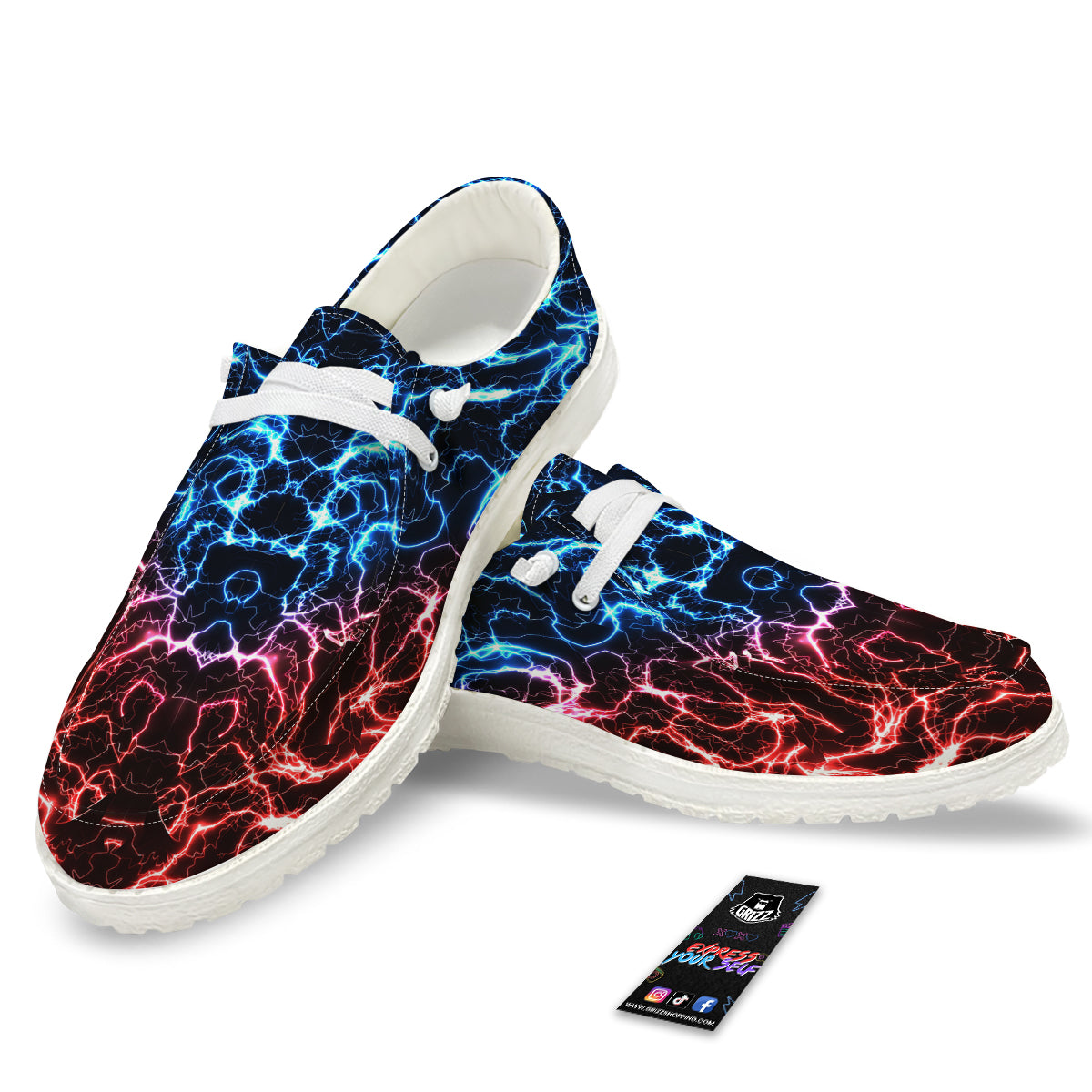 Red And Blue Electrical Print White Loafers-grizzshop