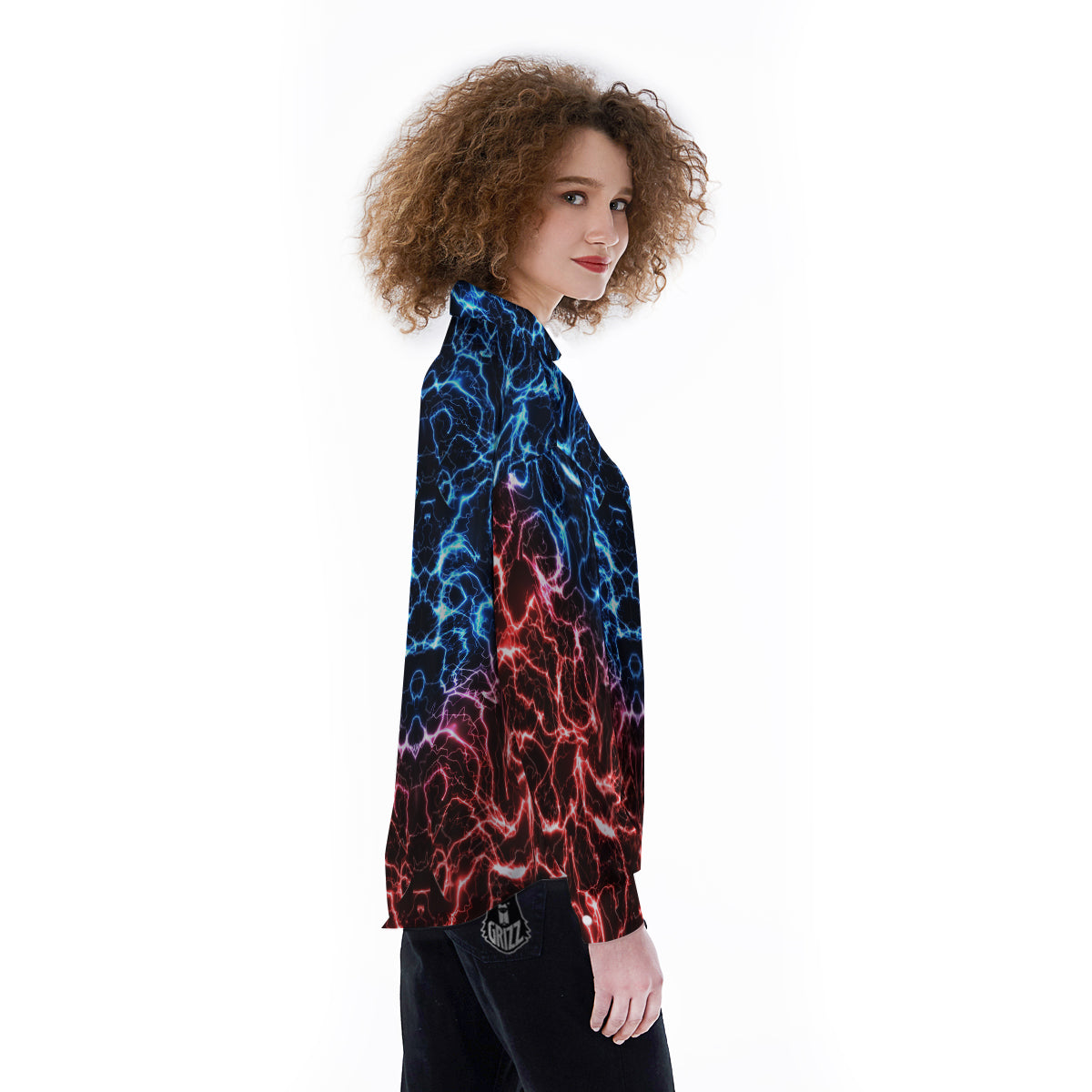 Red And Blue Electrical Print Women's Long Sleeve Shirts-grizzshop