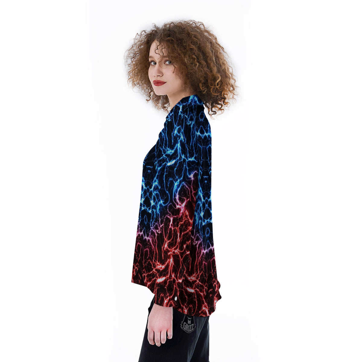 Red And Blue Electrical Print Women's Long Sleeve Shirts-grizzshop