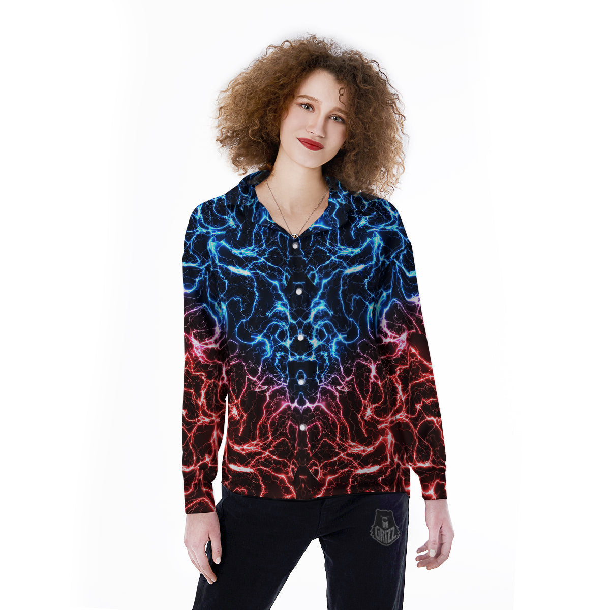 Red And Blue Electrical Print Women's Long Sleeve Shirts-grizzshop
