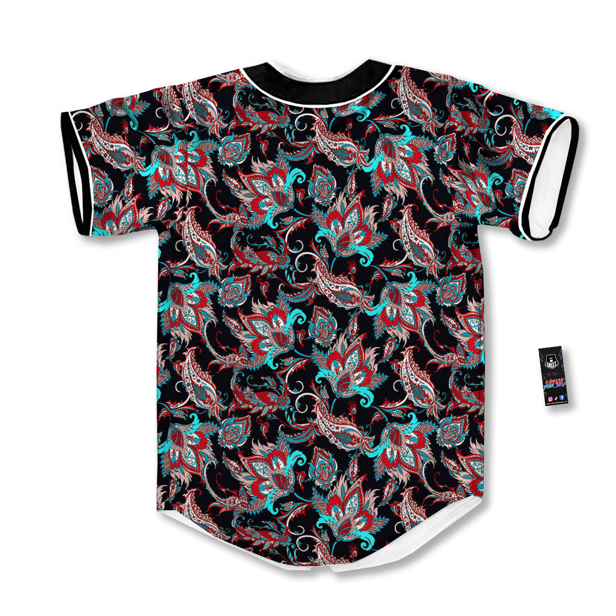 Red And Blue Neon Paisley Floral Print Pattern Baseball Jersey-grizzshop