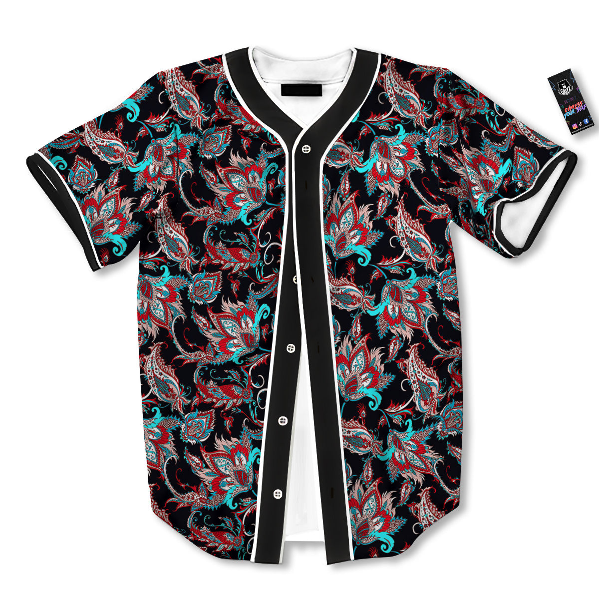 Red And Blue Neon Paisley Floral Print Pattern Baseball Jersey-grizzshop