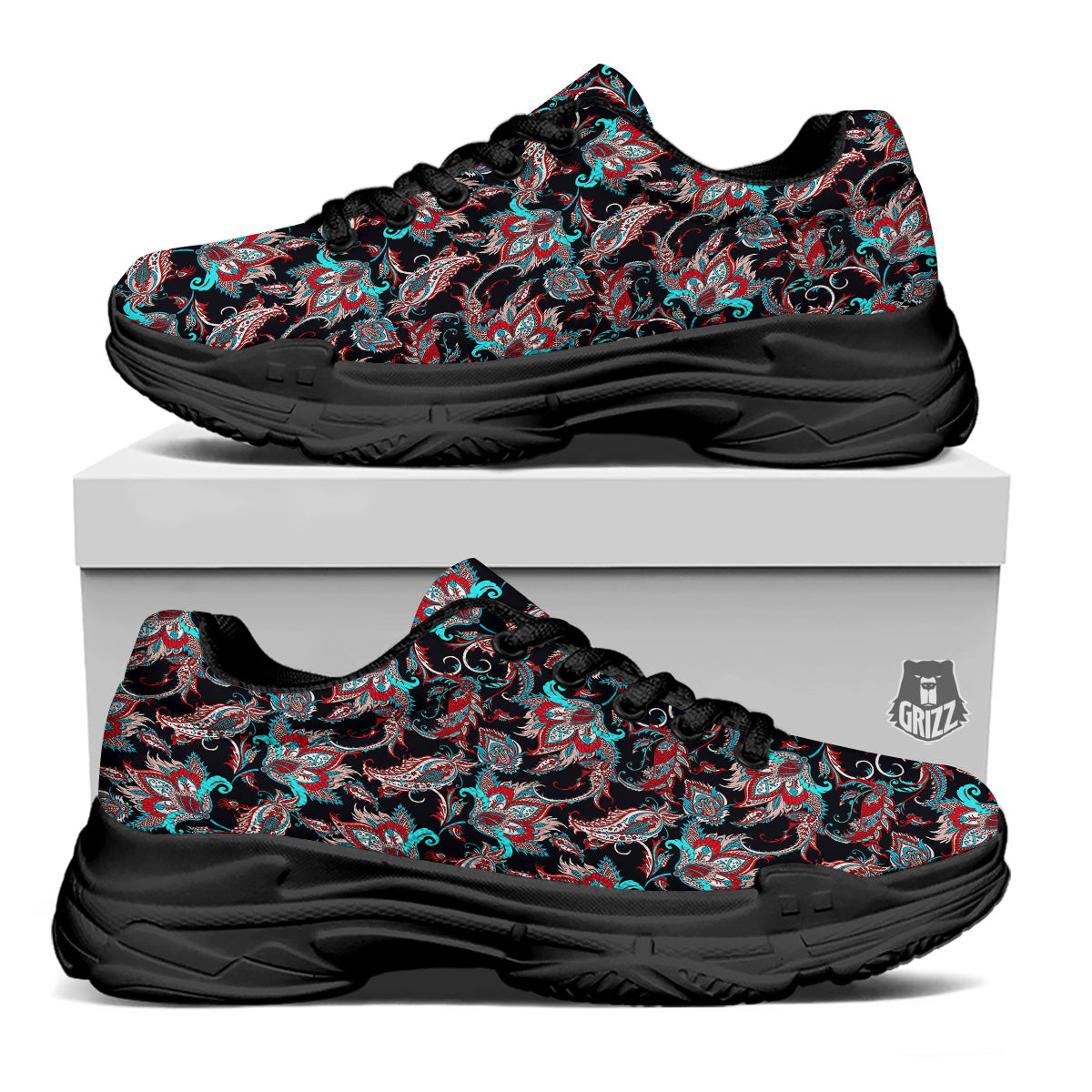 Red And Blue Neon Paisley Floral Print Pattern Black Chunky Shoes-grizzshop