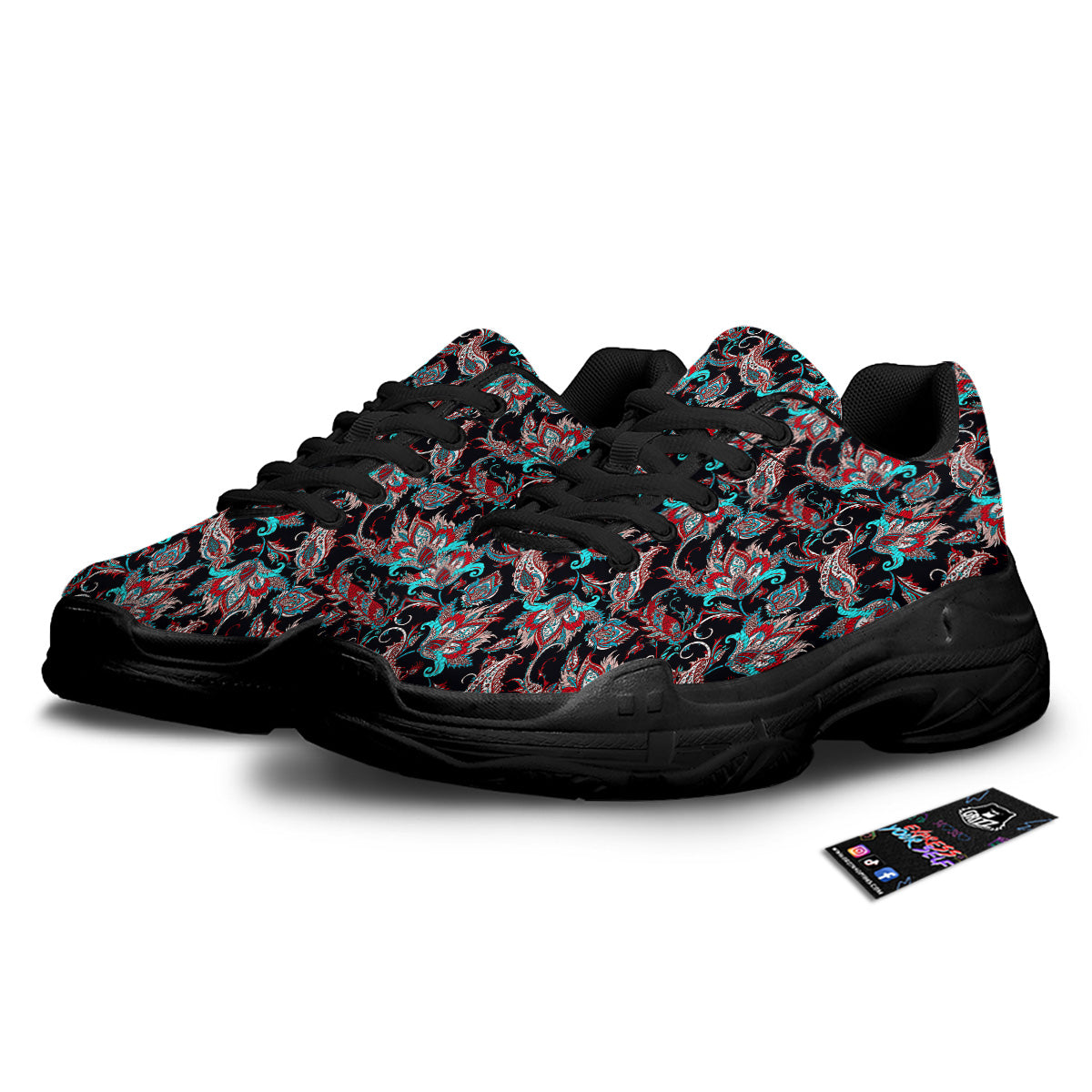 Red And Blue Neon Paisley Floral Print Pattern Black Chunky Shoes-grizzshop