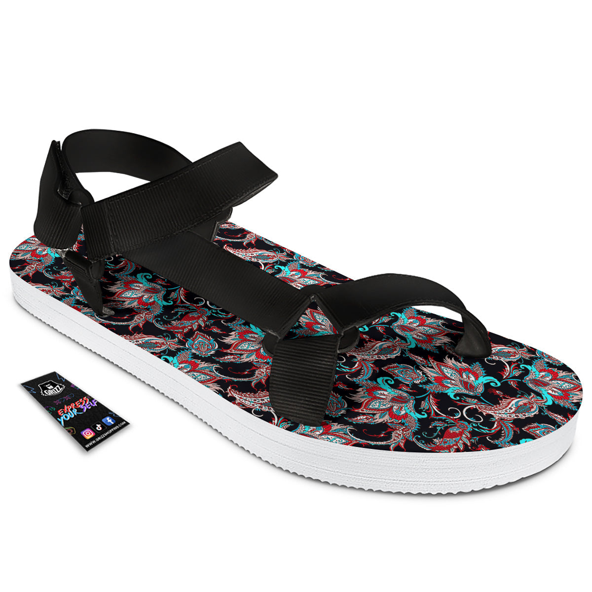 Red And Blue Neon Paisley Floral Print Pattern Black Open Toe Sandals-grizzshop