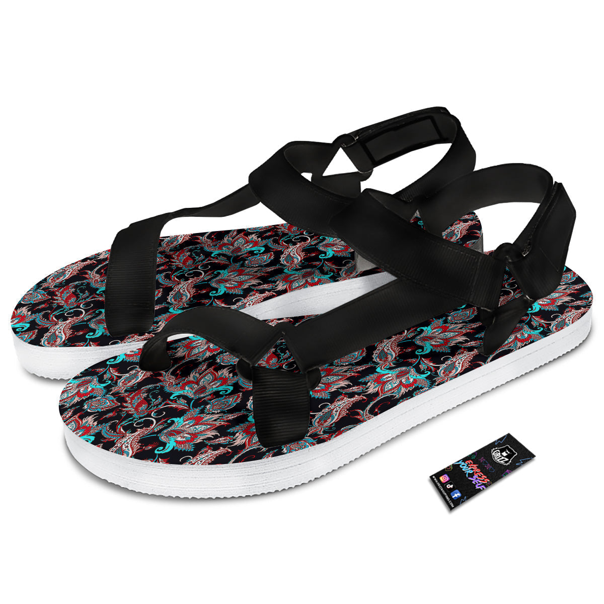 Red And Blue Neon Paisley Floral Print Pattern Black Open Toe Sandals-grizzshop