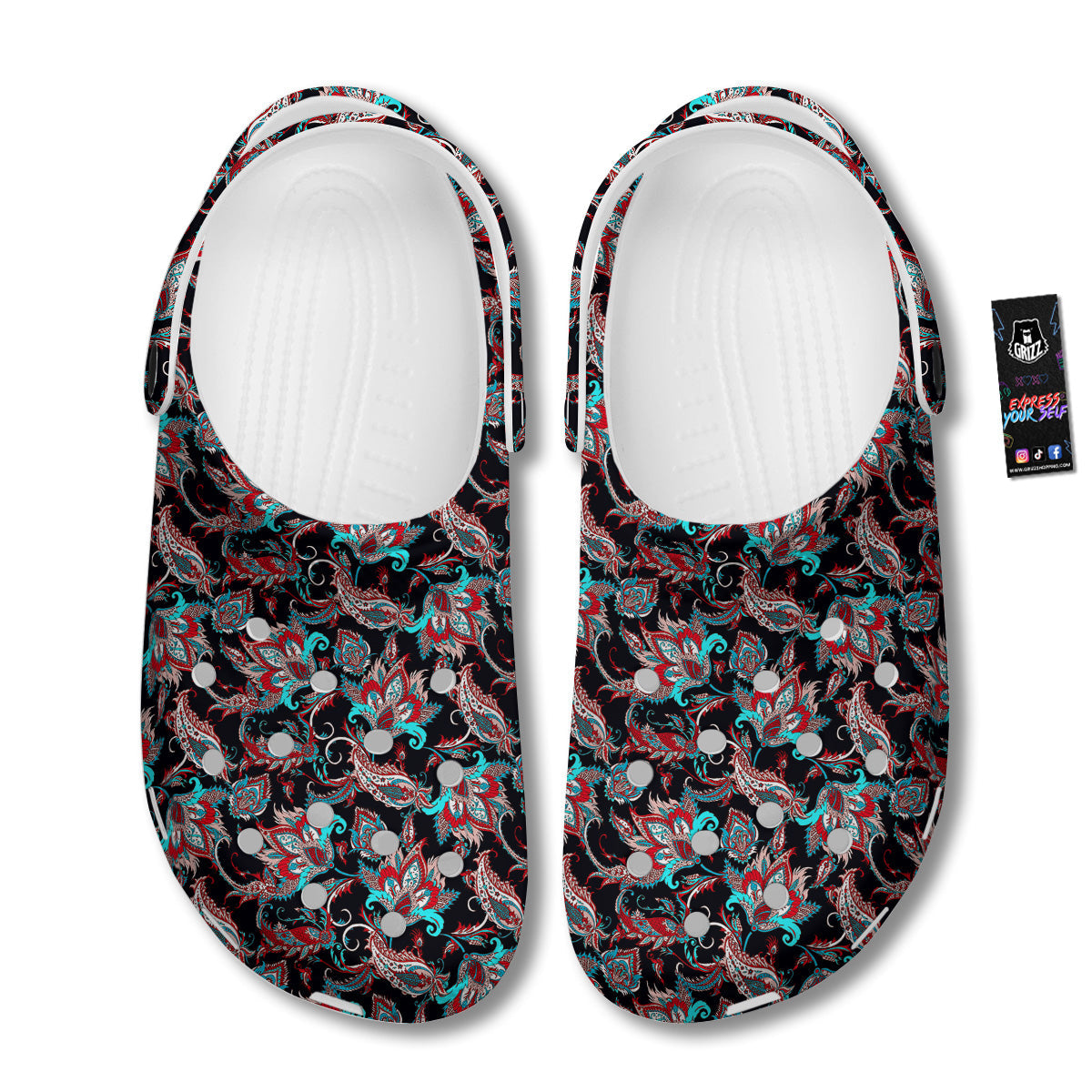 Red And Blue Neon Paisley Floral Print Pattern Clog-grizzshop