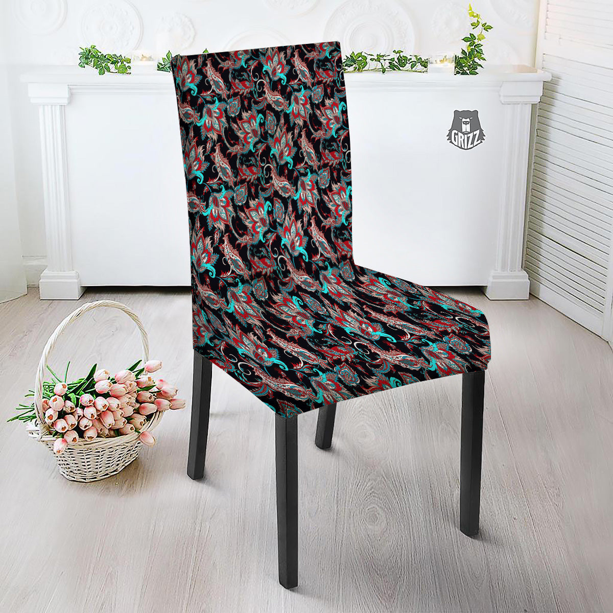 Red And Blue Neon Paisley Floral Print Pattern Dining Chair Slipcover-grizzshop