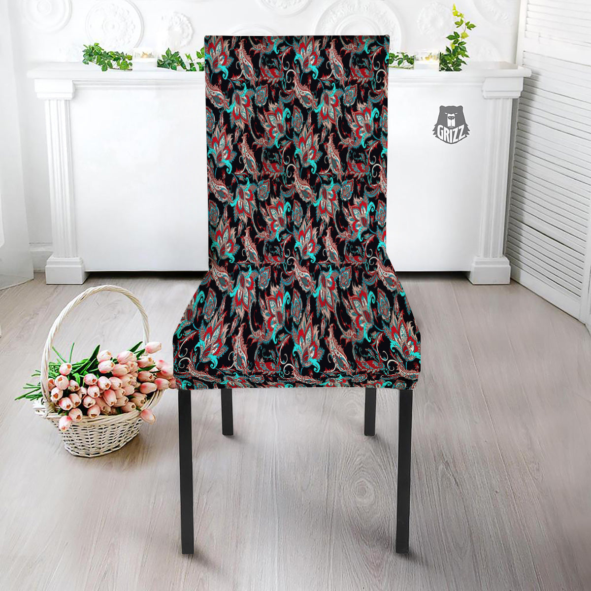 Red And Blue Neon Paisley Floral Print Pattern Dining Chair Slipcover-grizzshop