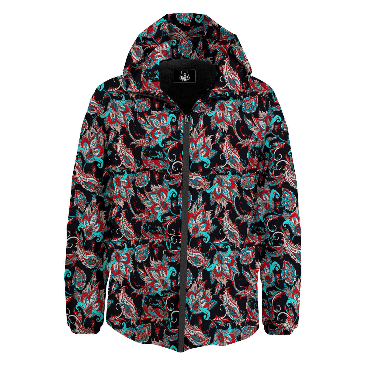 Red And Blue Neon Paisley Floral Print Pattern Down Jacket-grizzshop