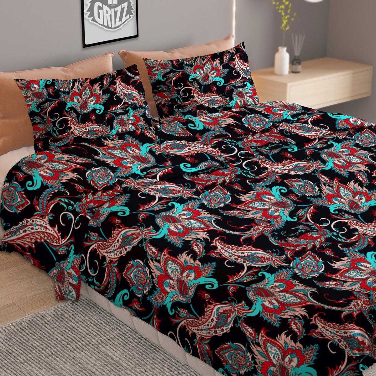 Red And Blue Neon Paisley Floral Print Pattern Duvet Cover Bedding Set