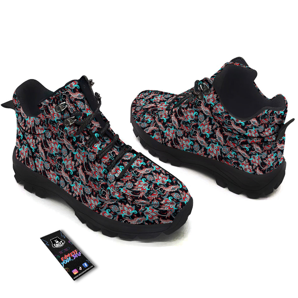 Red And Blue Neon Paisley Floral Print Pattern Hiking Shoes-grizzshop