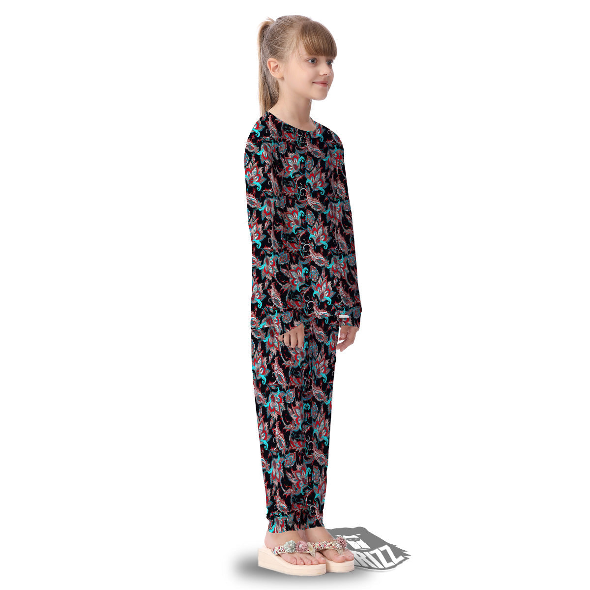 Red And Blue Neon Paisley Floral Print Pattern Kid's Pajamas-grizzshop