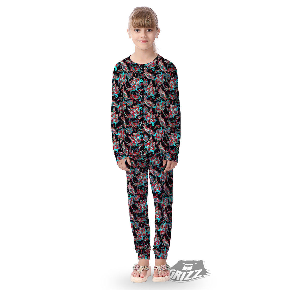 Red And Blue Neon Paisley Floral Print Pattern Kid's Pajamas-grizzshop