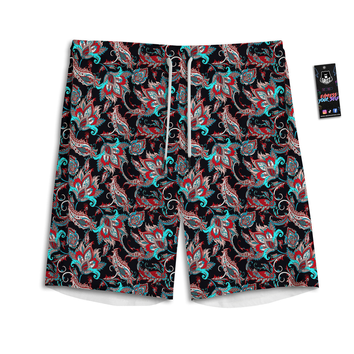 Red And Blue Neon Paisley Floral Print Pattern Men's Athletic Shorts