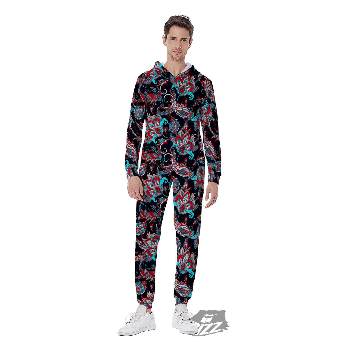 Red And Blue Neon Paisley Floral Print Pattern Men's Jumpsuit-grizzshop
