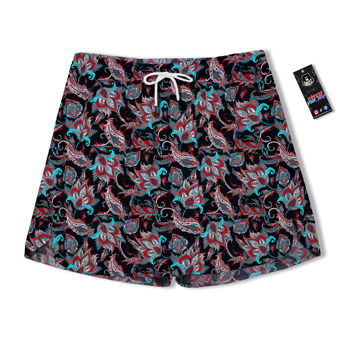 Red And Blue Neon Paisley Floral Print Pattern Men's Running Shorts-grizzshop