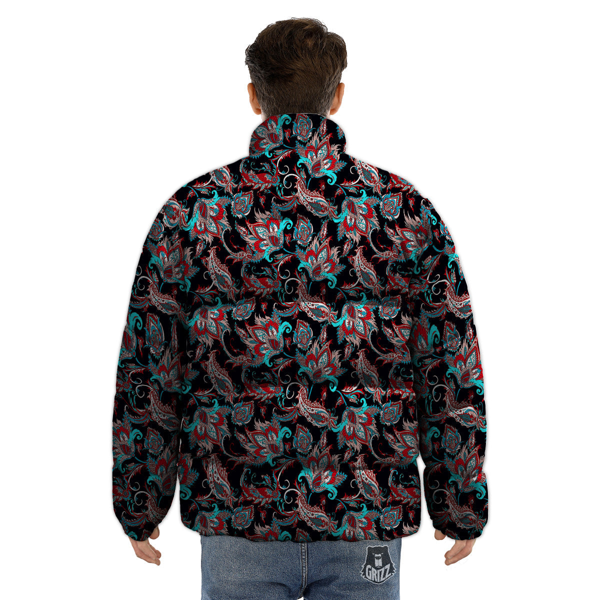Red And Blue Neon Paisley Floral Print Pattern Puffer Jacket-grizzshop
