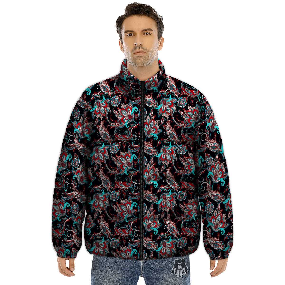 Red And Blue Neon Paisley Floral Print Pattern Puffer Jacket-grizzshop