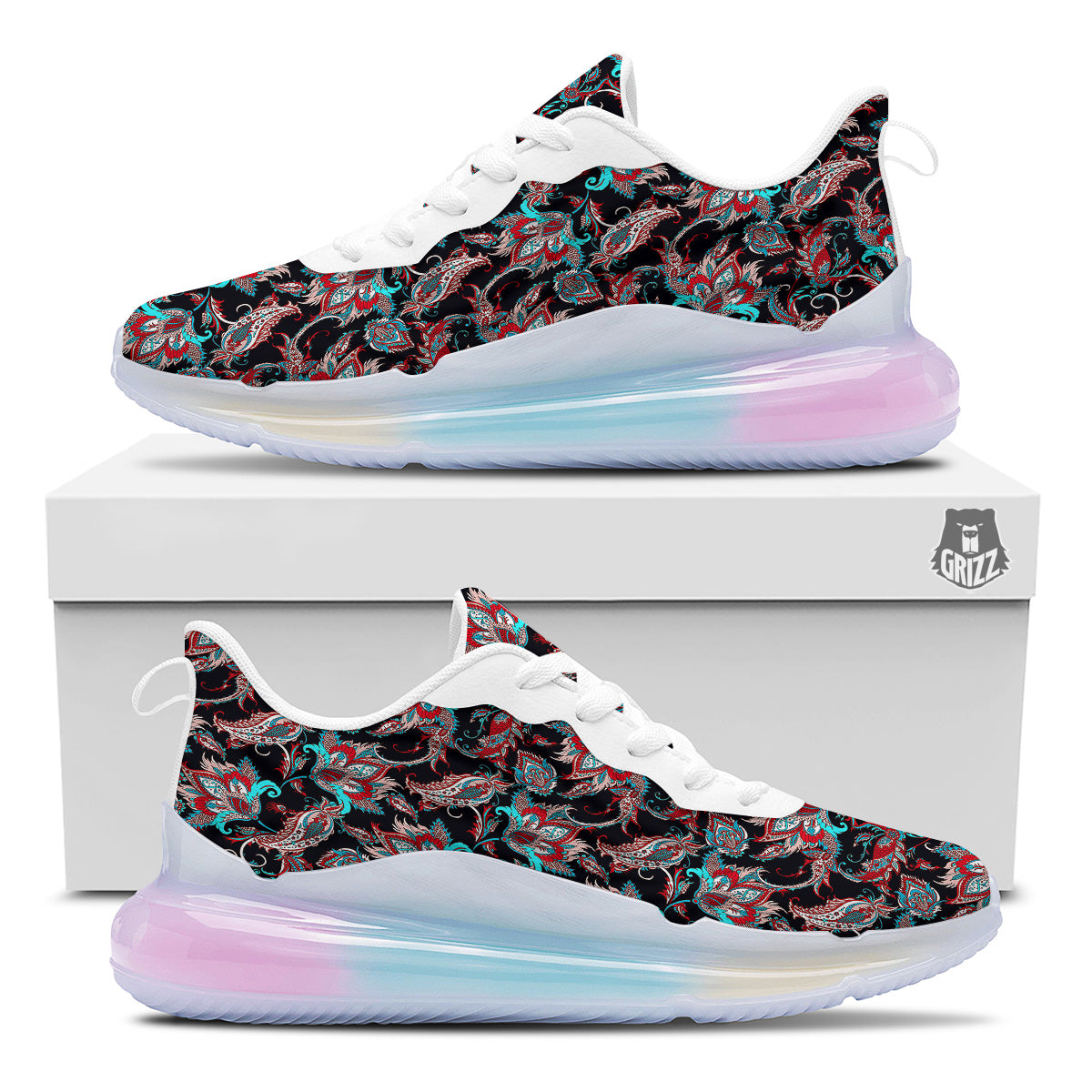 Red And Blue Neon Paisley Floral Print Pattern Running Sneakers-grizzshop