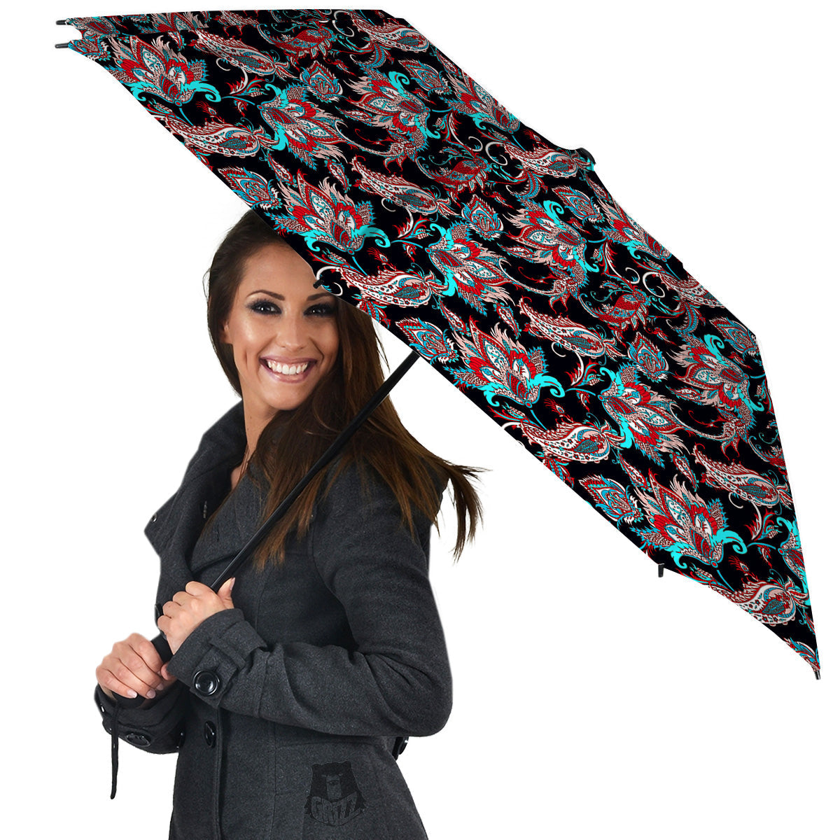 Red And Blue Neon Paisley Floral Print Pattern Umbrella-grizzshop