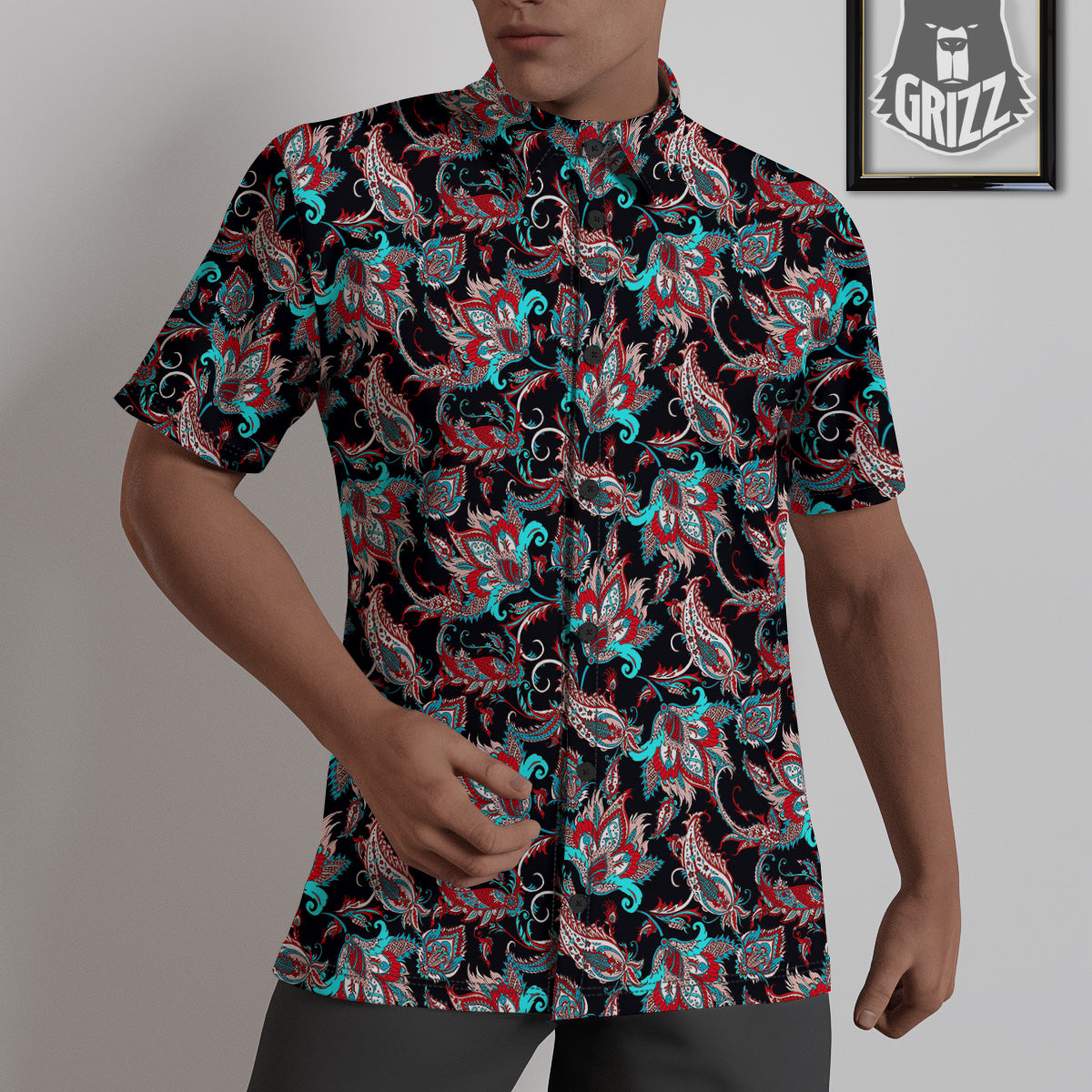 Red And Blue Neon Paisley Floral Print Pattern Untucked Shirts-grizzshop