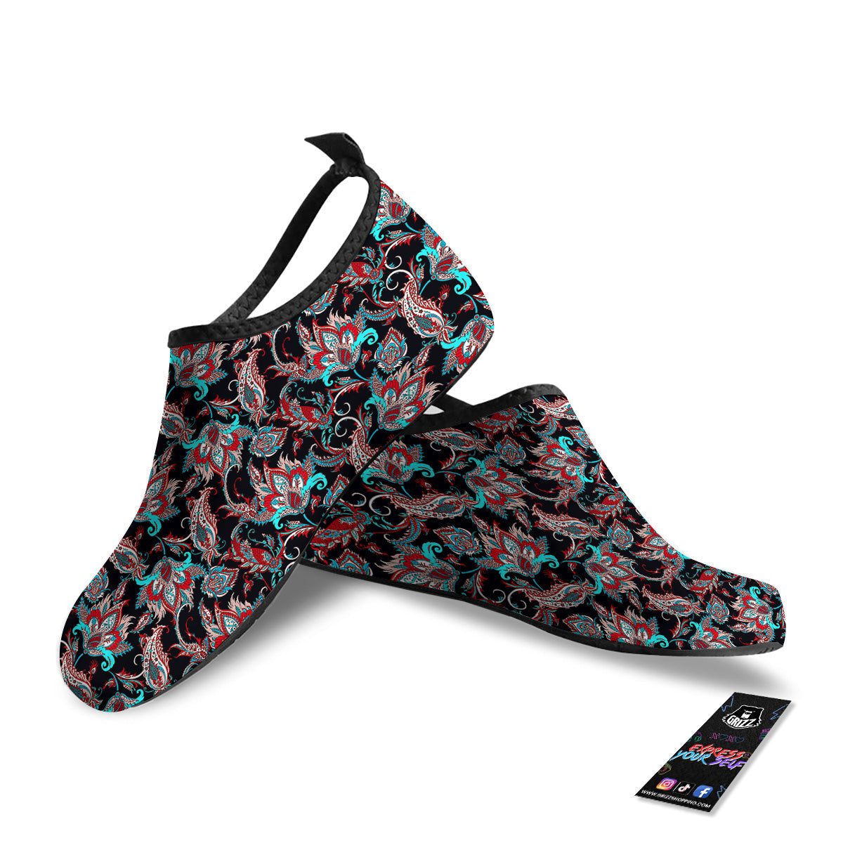 Red And Blue Neon Paisley Floral Print Pattern Water Shoes-grizzshop