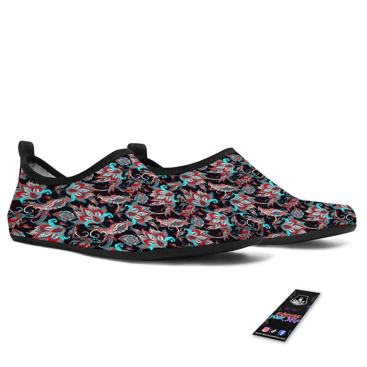 Red And Blue Neon Paisley Floral Print Pattern Water Shoes-grizzshop