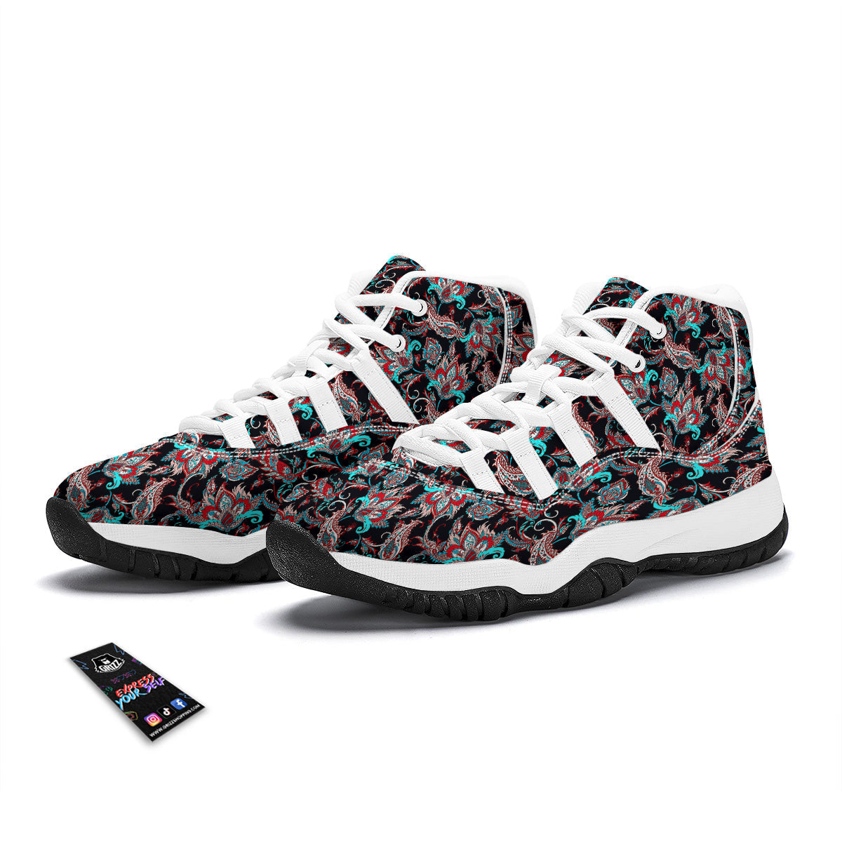 Red And Blue Neon Paisley Floral Print Pattern White Bball Shoes-grizzshop