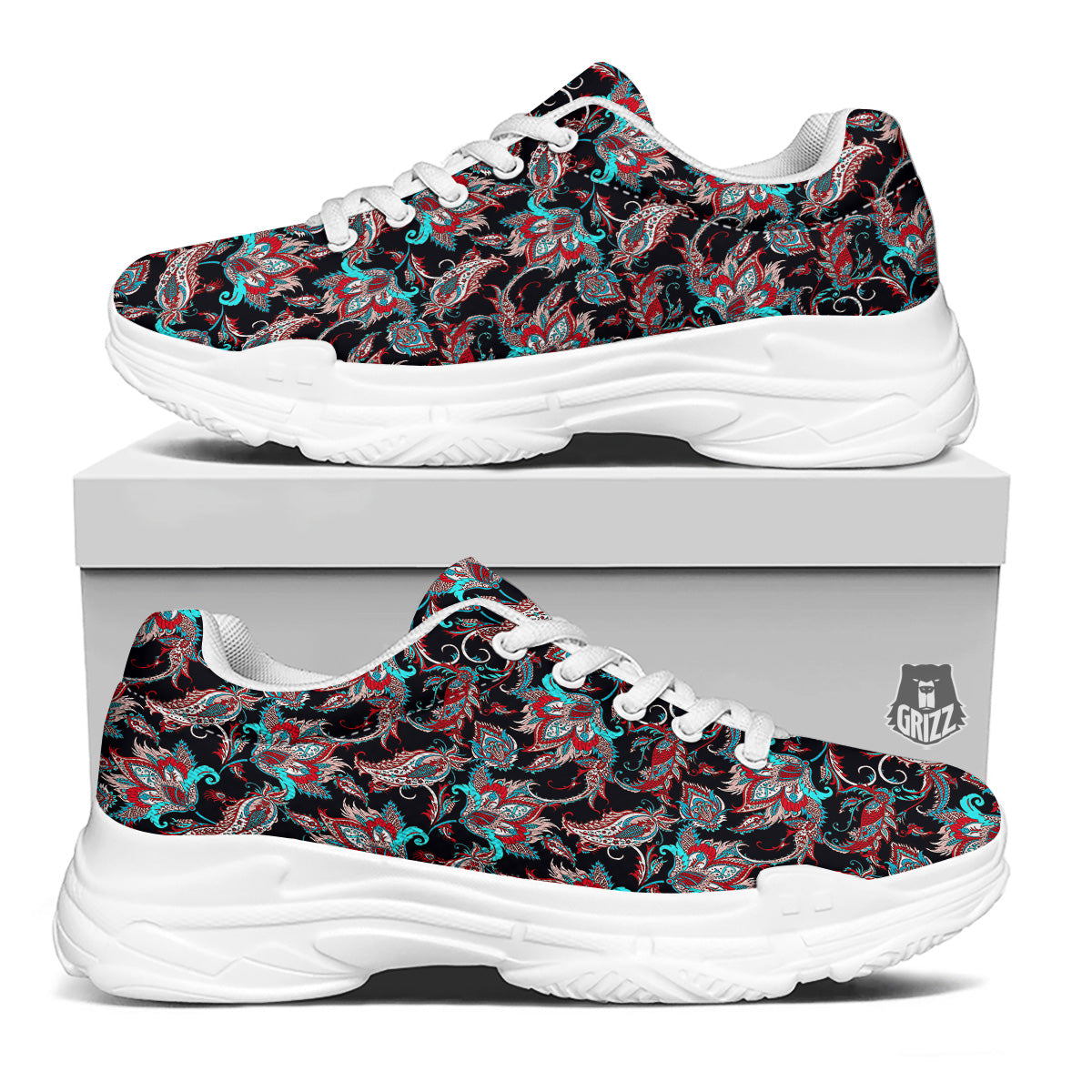 Red And Blue Neon Paisley Floral Print Pattern White Chunky Shoes-grizzshop