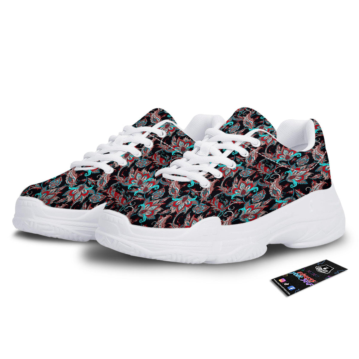 Red And Blue Neon Paisley Floral Print Pattern White Chunky Shoes-grizzshop