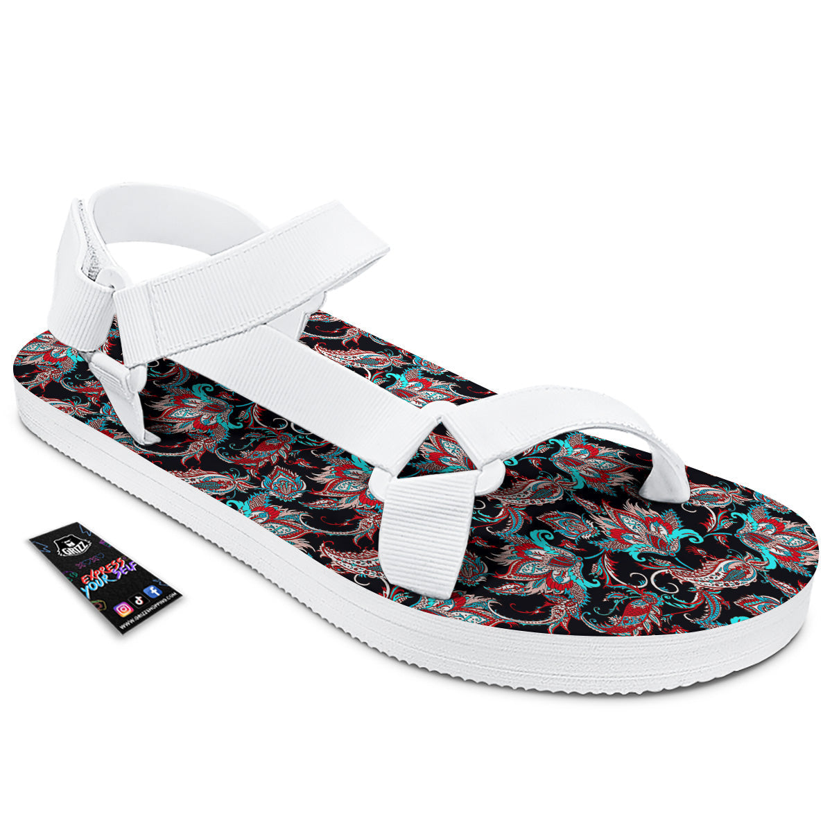 Red And Blue Neon Paisley Floral Print Pattern White Open Toe Sandals-grizzshop