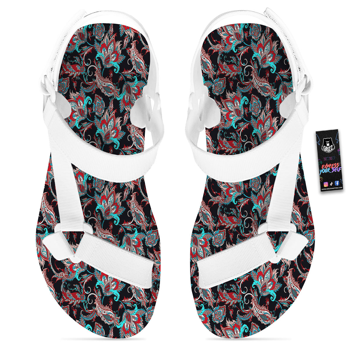 Red And Blue Neon Paisley Floral Print Pattern White Open Toe Sandals-grizzshop