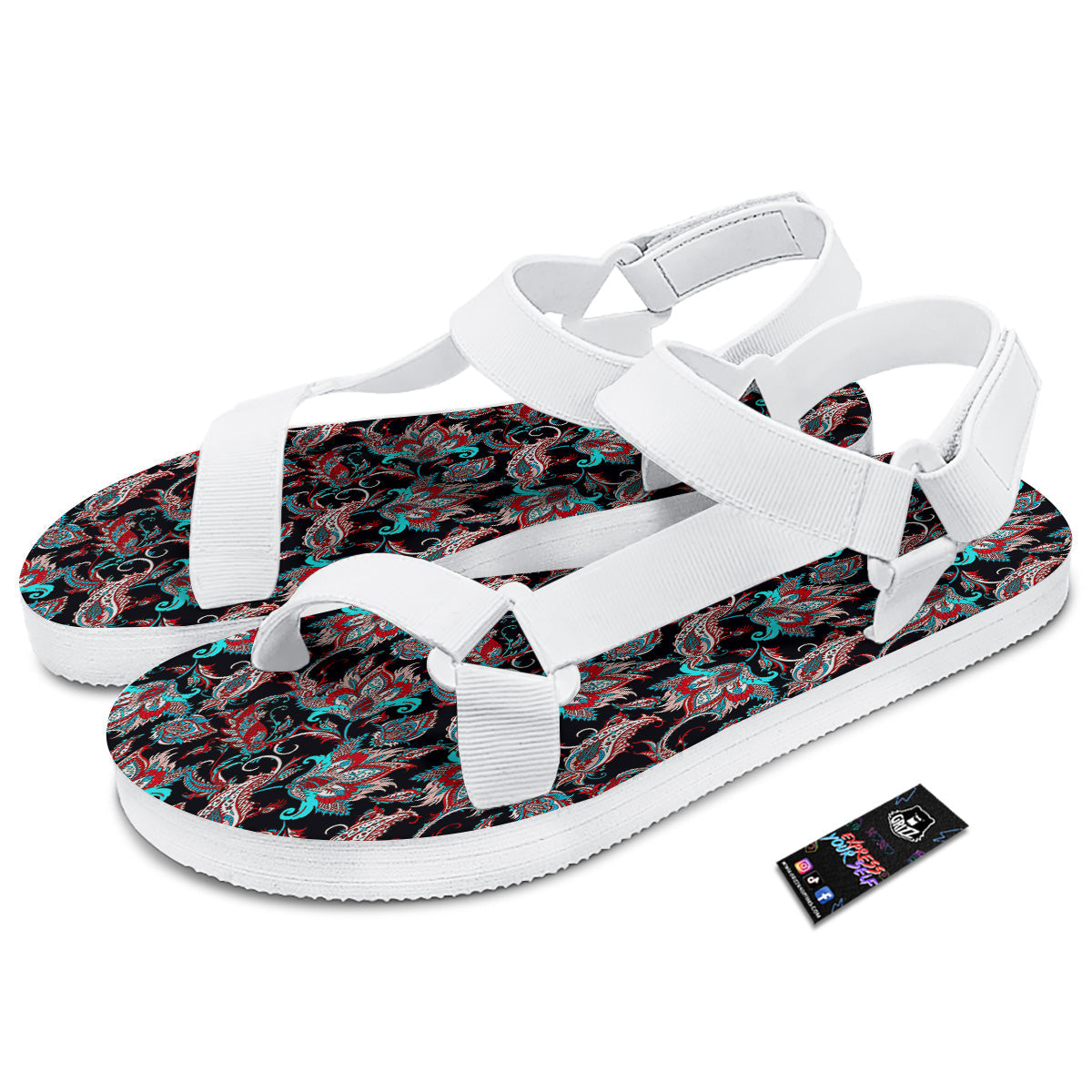 Red And Blue Neon Paisley Floral Print Pattern White Open Toe Sandals-grizzshop