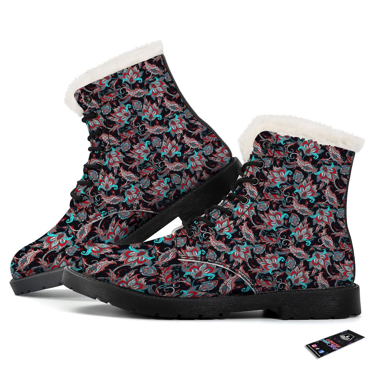 Red And Blue Neon Paisley Floral Print Pattern Winter Boots-grizzshop