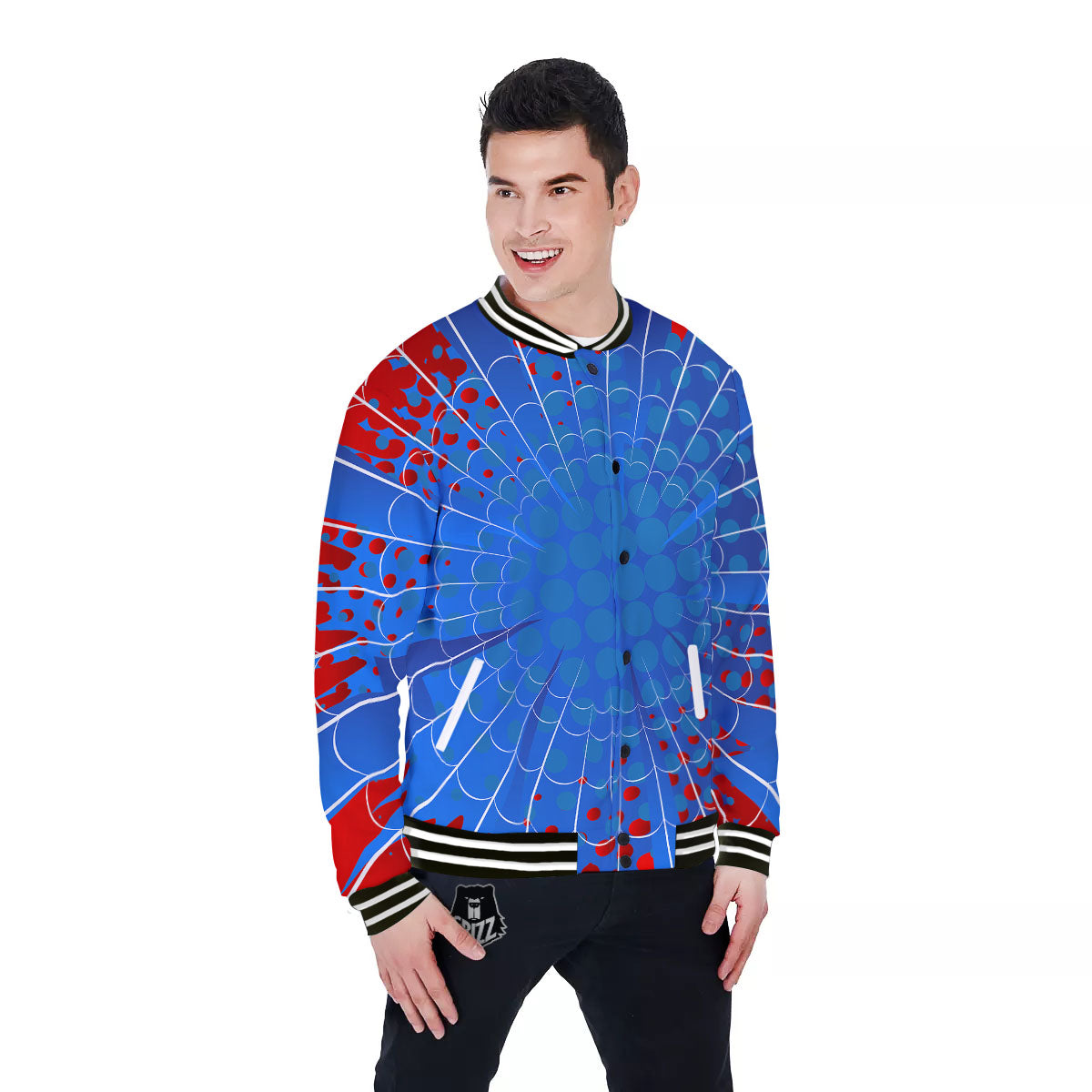 Red And Blue Spider Web Cartoon Print Baseball Jacket-grizzshop