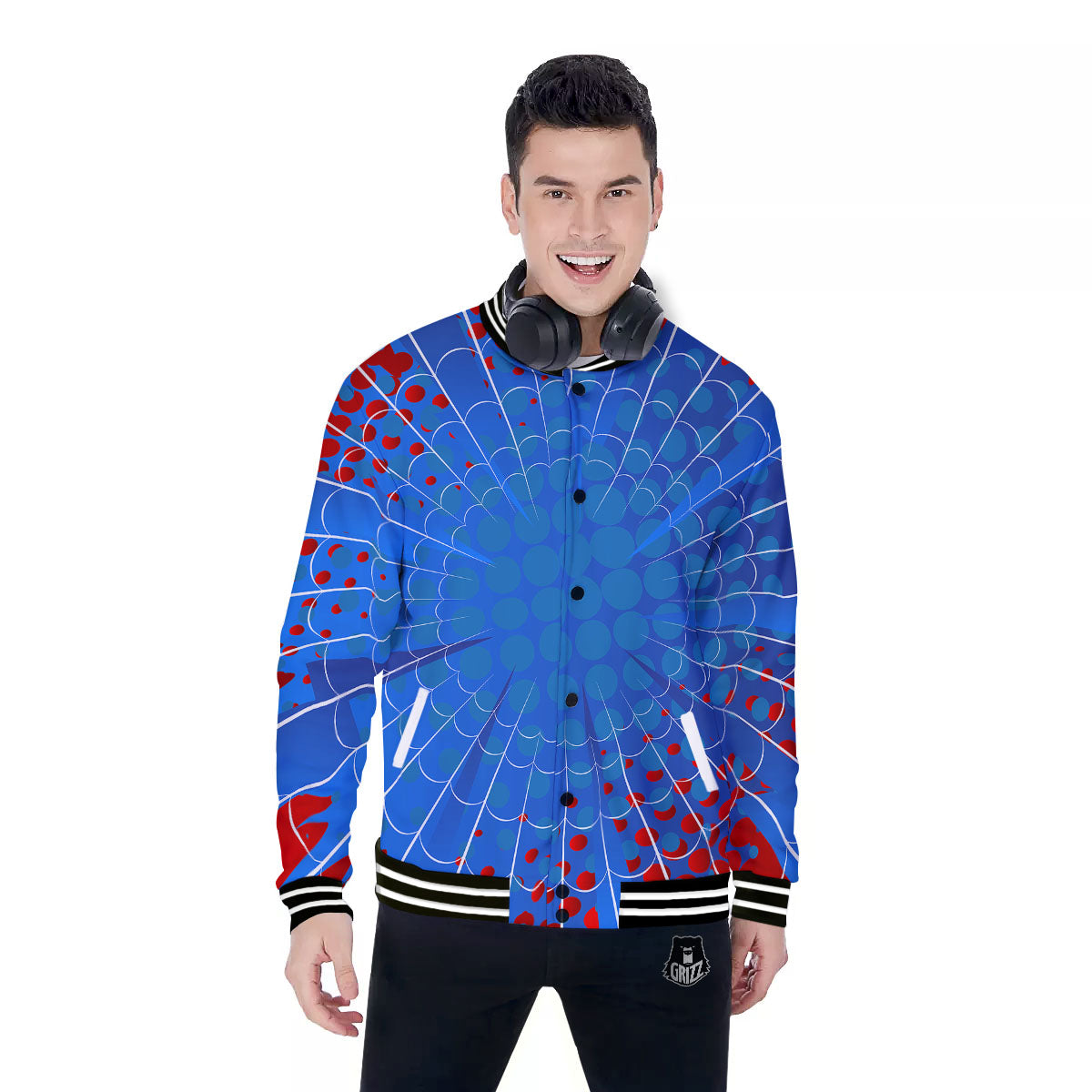 Red And Blue Spider Web Cartoon Print Baseball Jacket-grizzshop