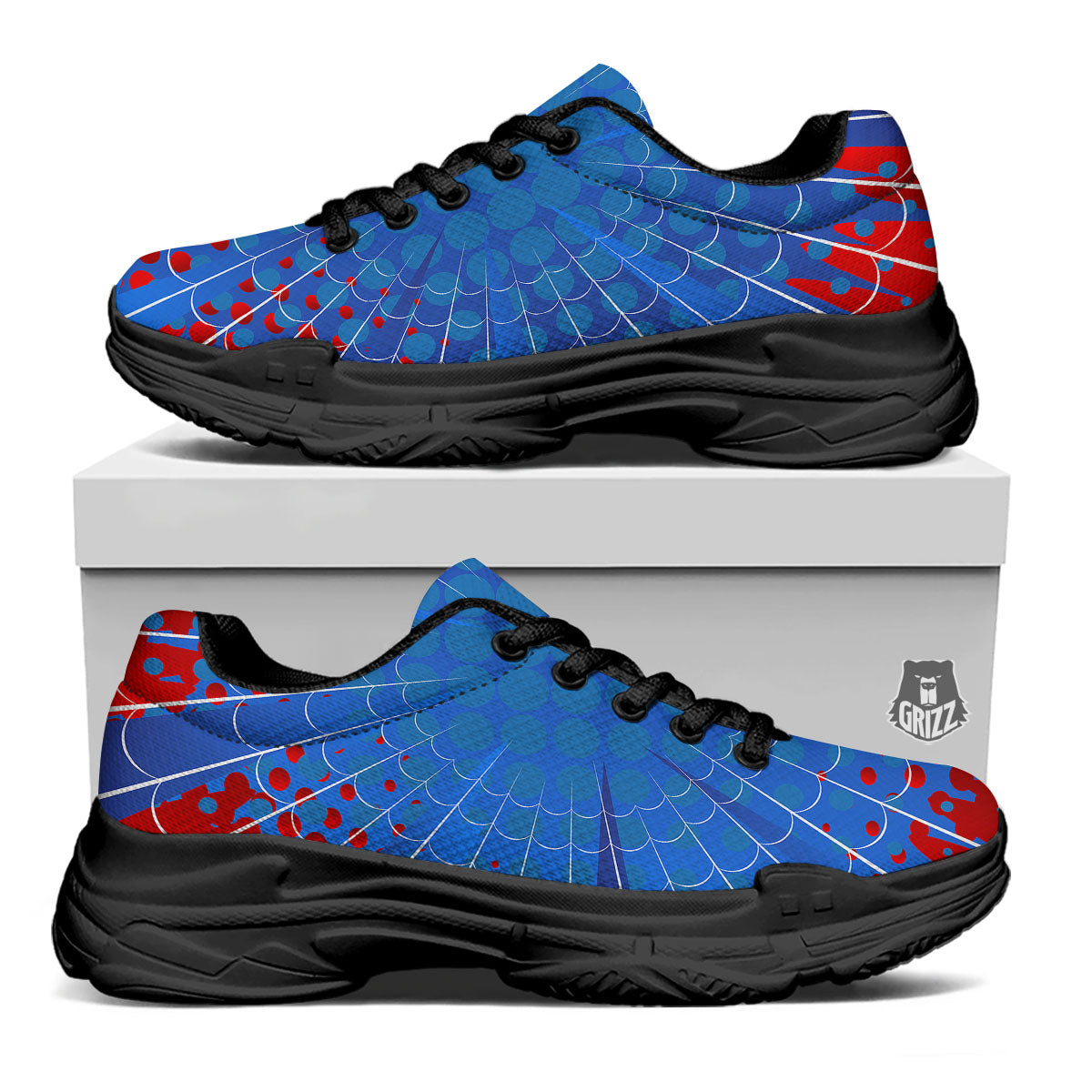 Red And Blue Spider Web Cartoon Print Black Chunky Shoes-grizzshop