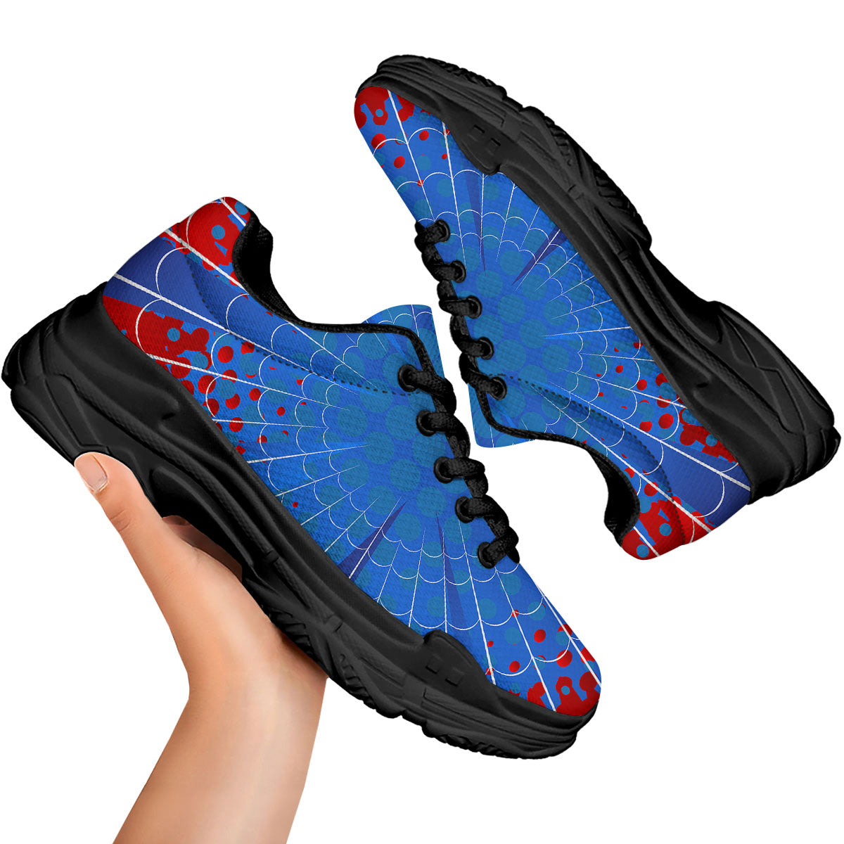 Red And Blue Spider Web Cartoon Print Black Chunky Shoes-grizzshop