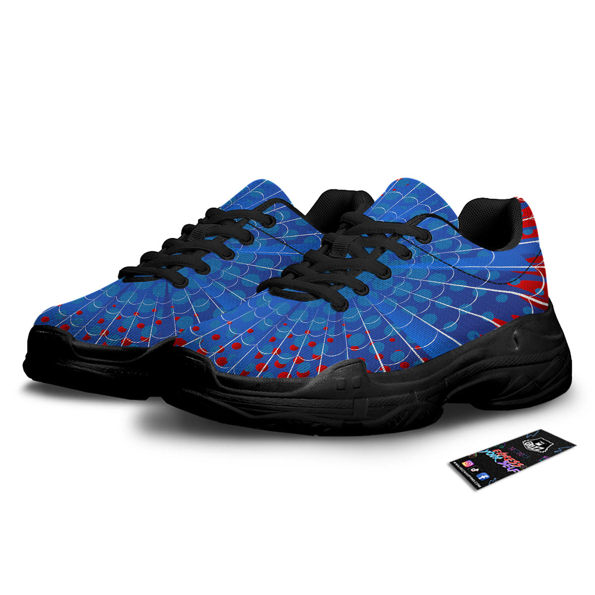 Red And Blue Spider Web Cartoon Print Black Chunky Shoes-grizzshop