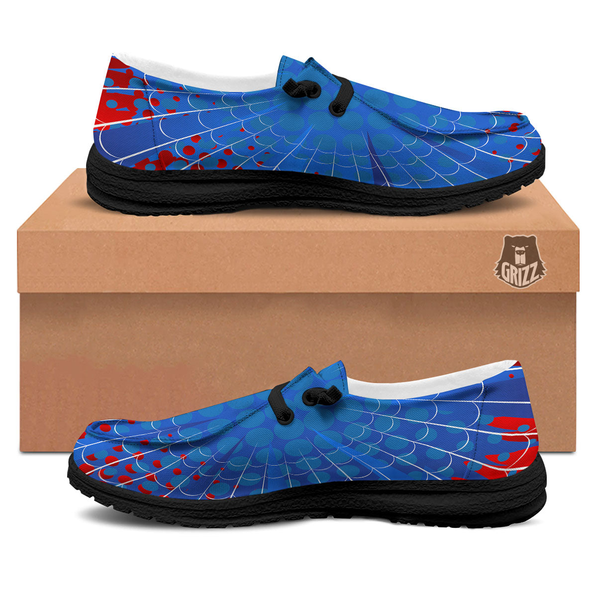 Red And Blue Spider Web Cartoon Print Black Loafers-grizzshop
